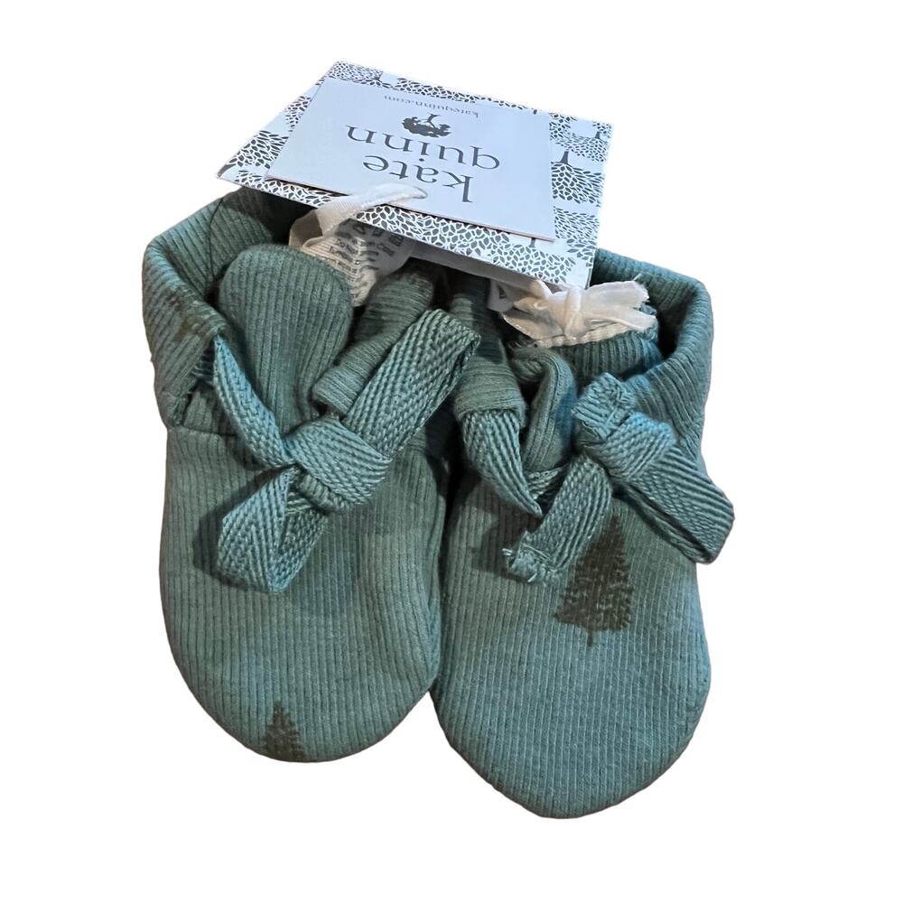NWT Kate Quinn Tie Booties Slippers Tiny Pine Trees Organic Cotton 0-3m